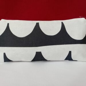 Black and white patterned pouch with a zipper, featuring a design of curved shapes